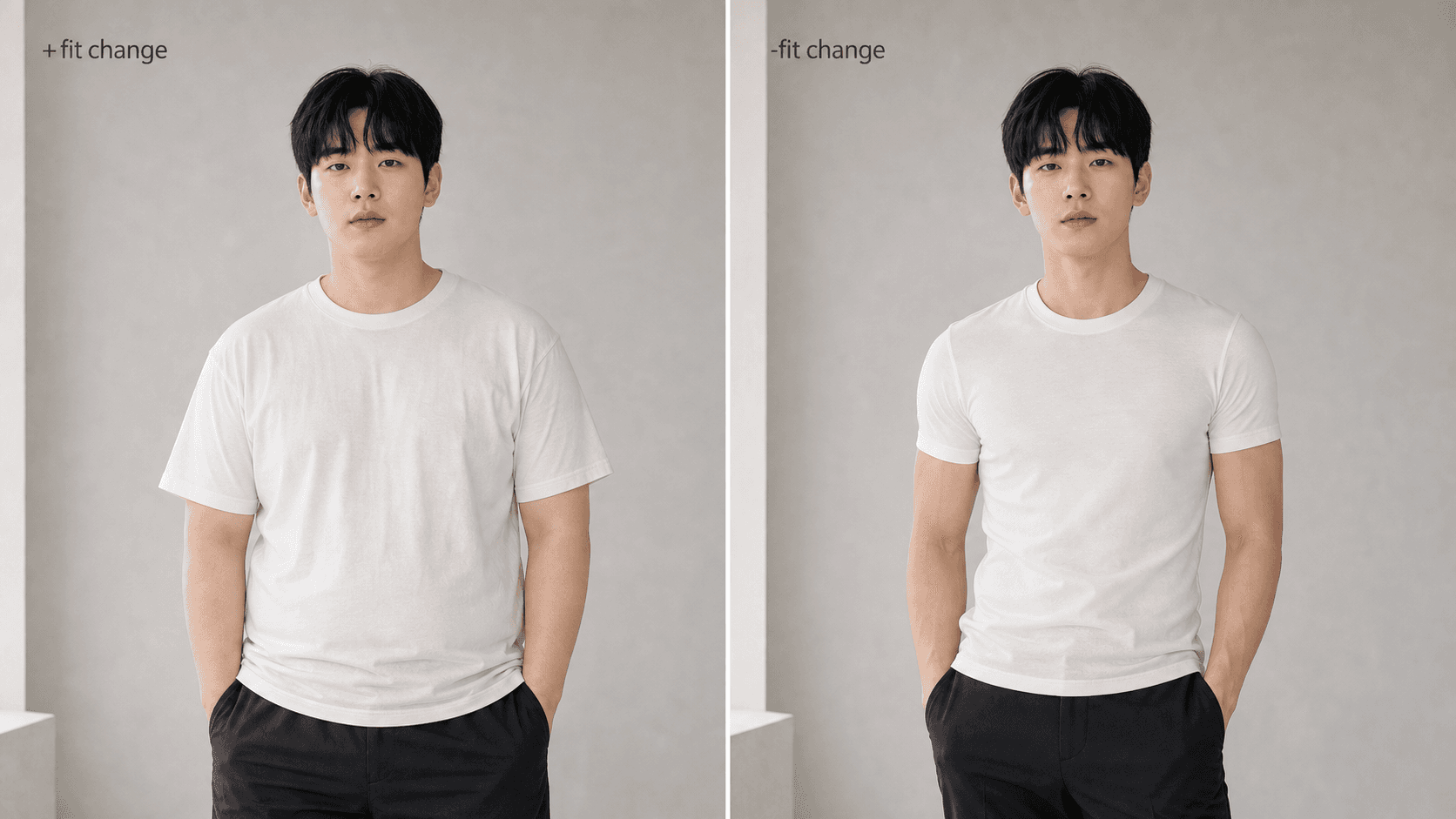 같은 인물의 체형과 스타일 변화를 좌우로 비교한 AI 결과물