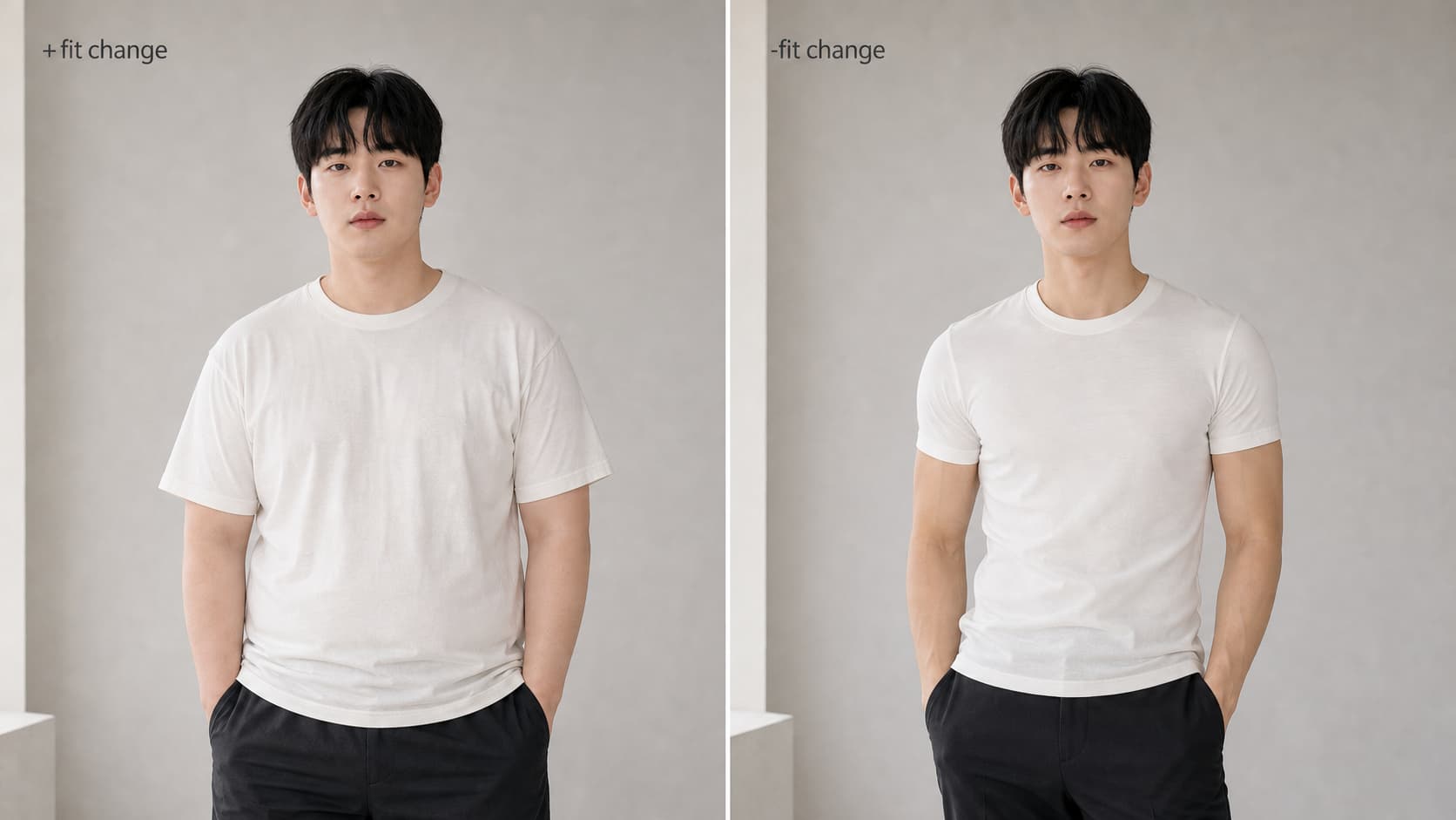 같은 인물의 체형과 스타일 변화를 좌우로 비교한 AI 결과물