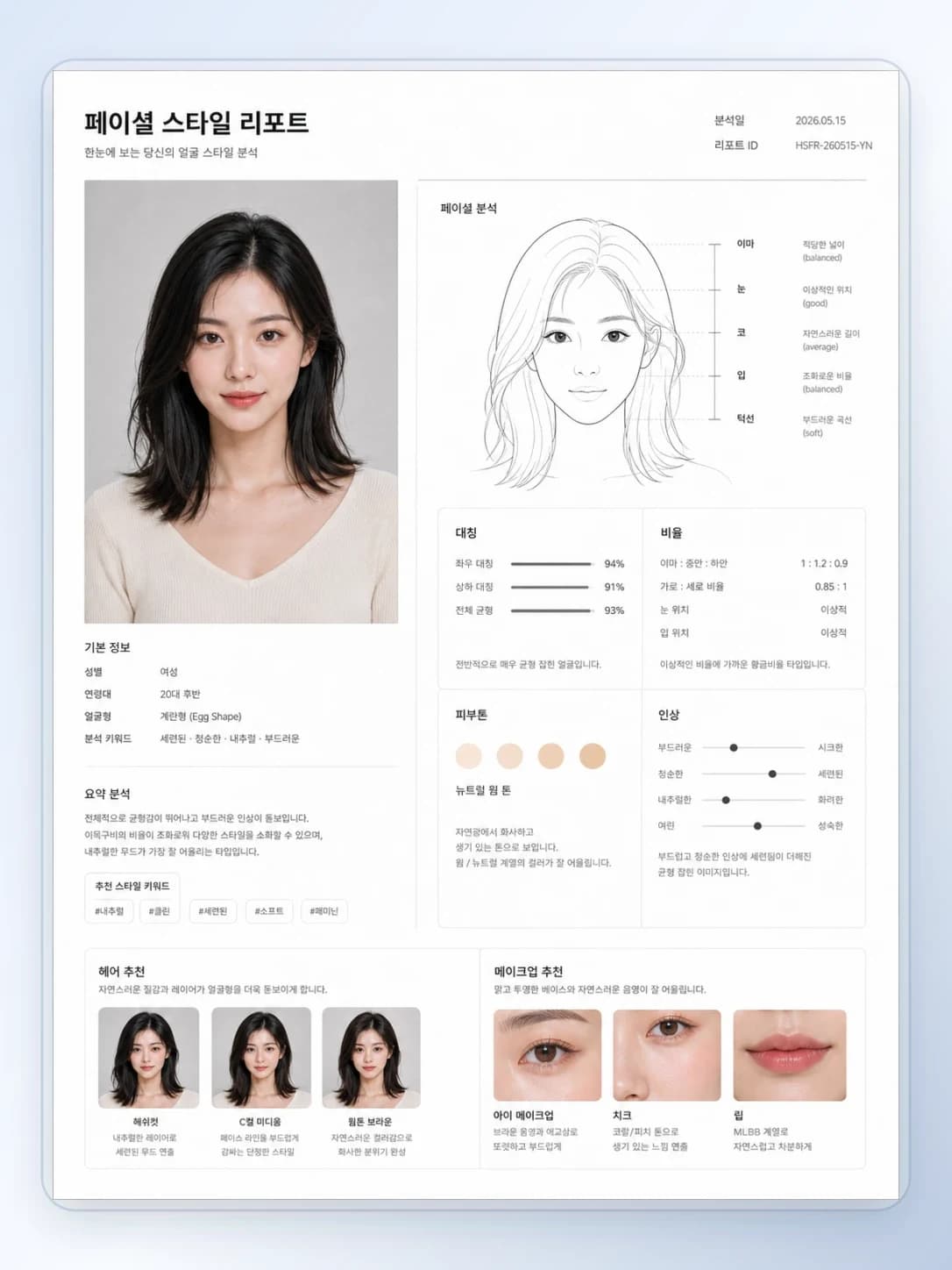 얼굴 사진과 스타일 분석 UI가 함께 배치된 리포트 AI 결과물