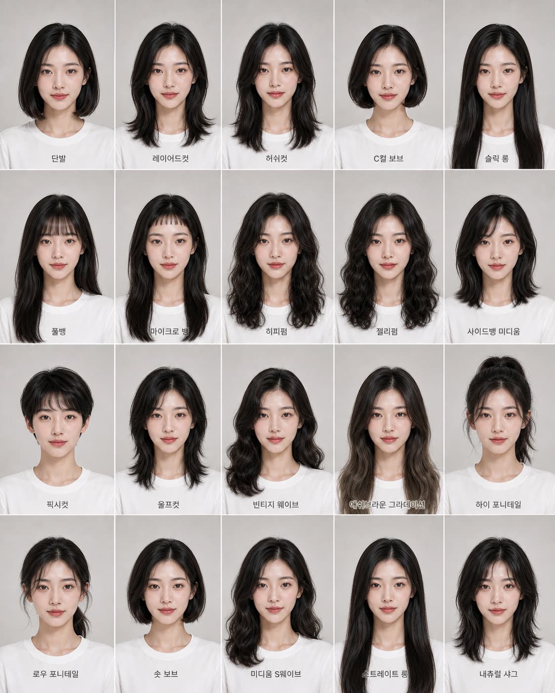 동일 인물 얼굴에 다양한 헤어스타일을 적용한 20컷 룩북 AI 결과물