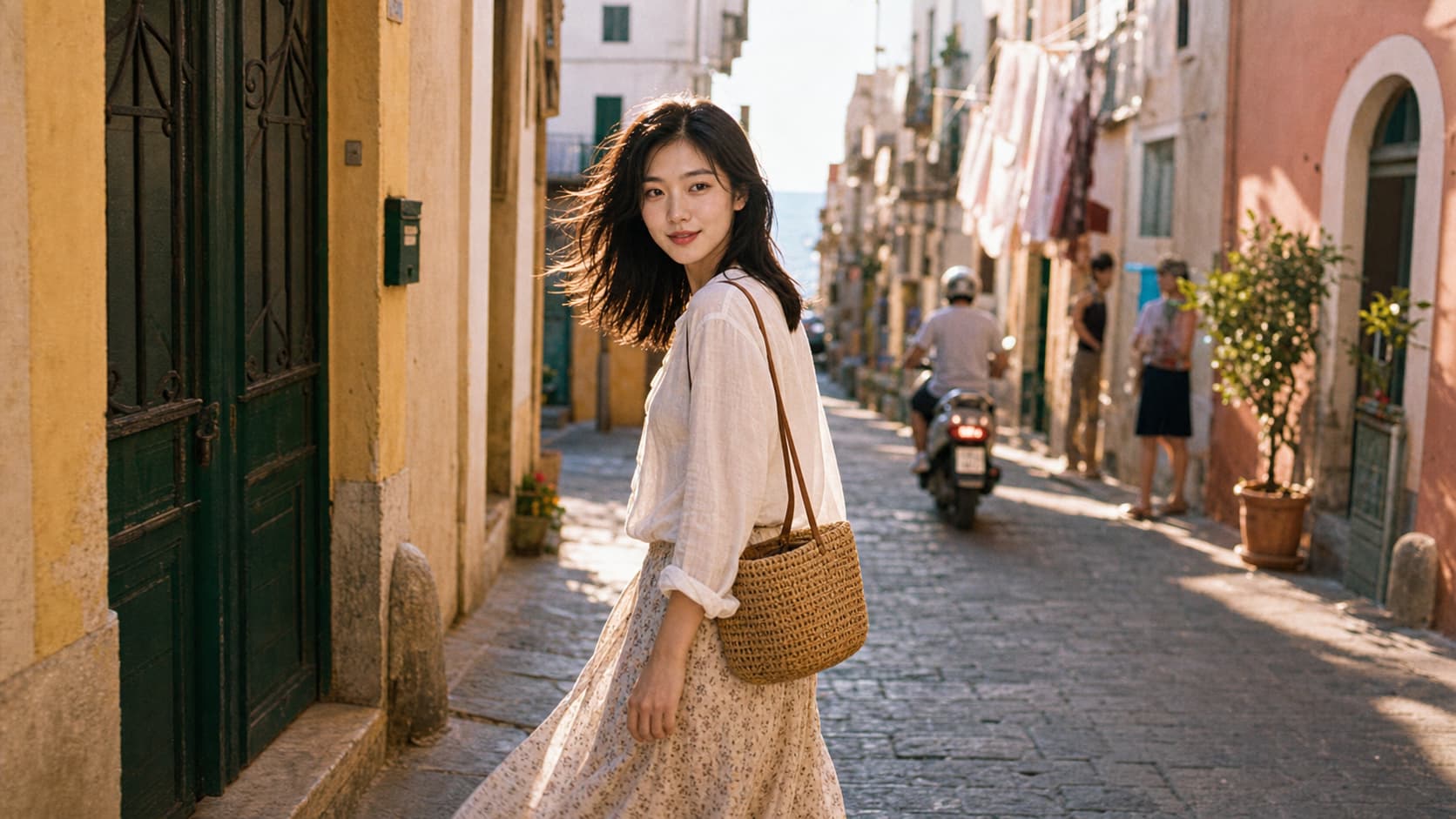 유럽 여행지에서 현지화된 스타일로 촬영한 시네마틱 스냅 AI 결과물