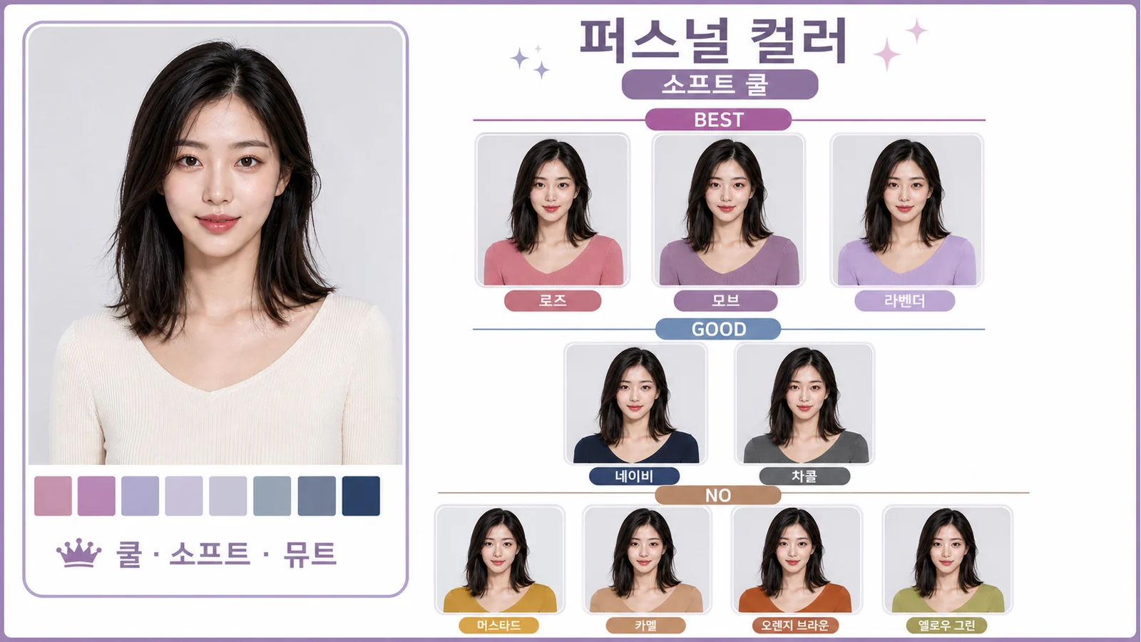 원본 얼굴 사진과 BEST GOOD NO 색상별 착장 후보를 정리한 AI 퍼스널 컬러 리포트 결과물
