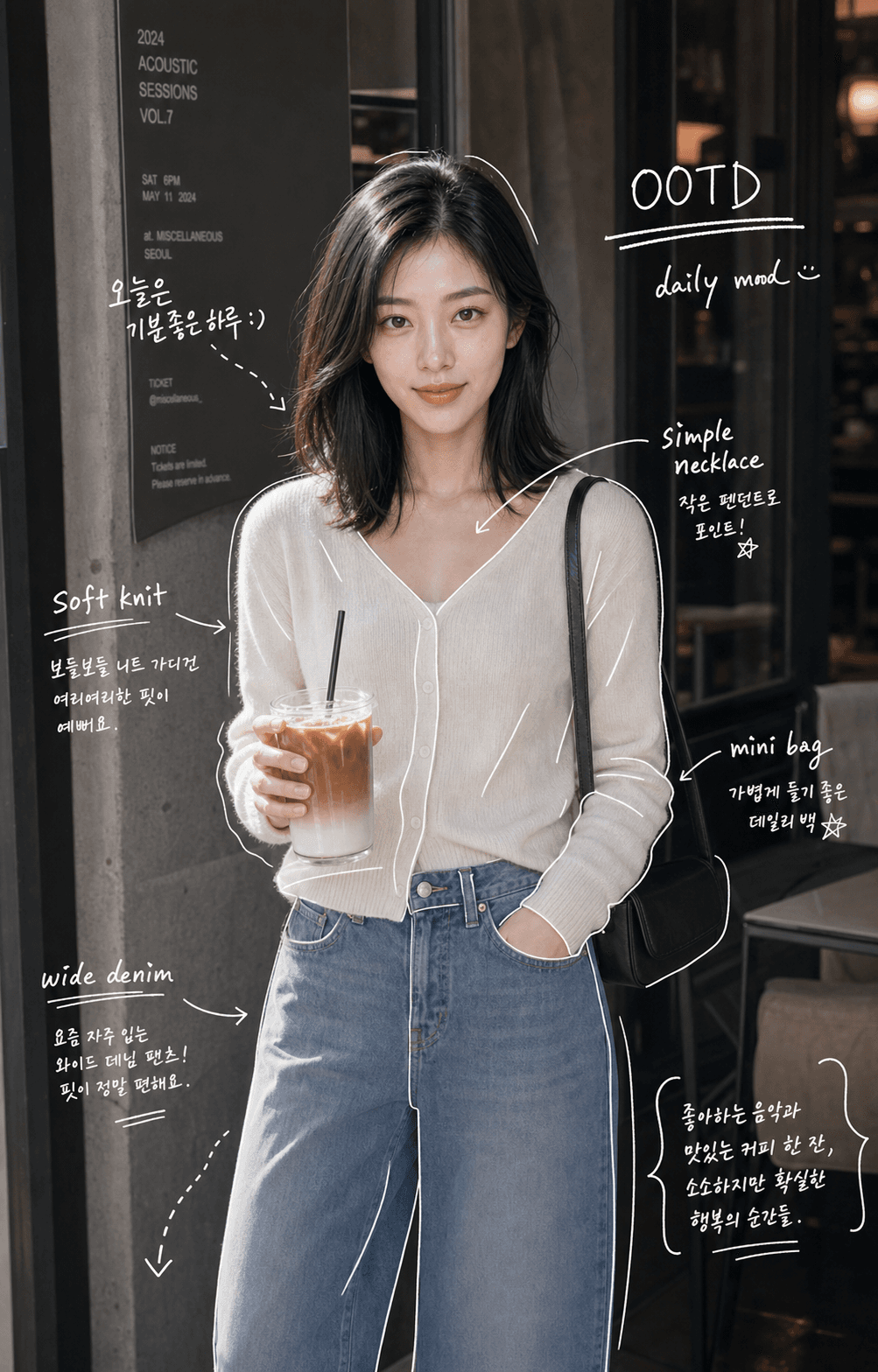 OOTD 사진 위에 흰색 손글씨 드로잉을 얹은 AI 결과물