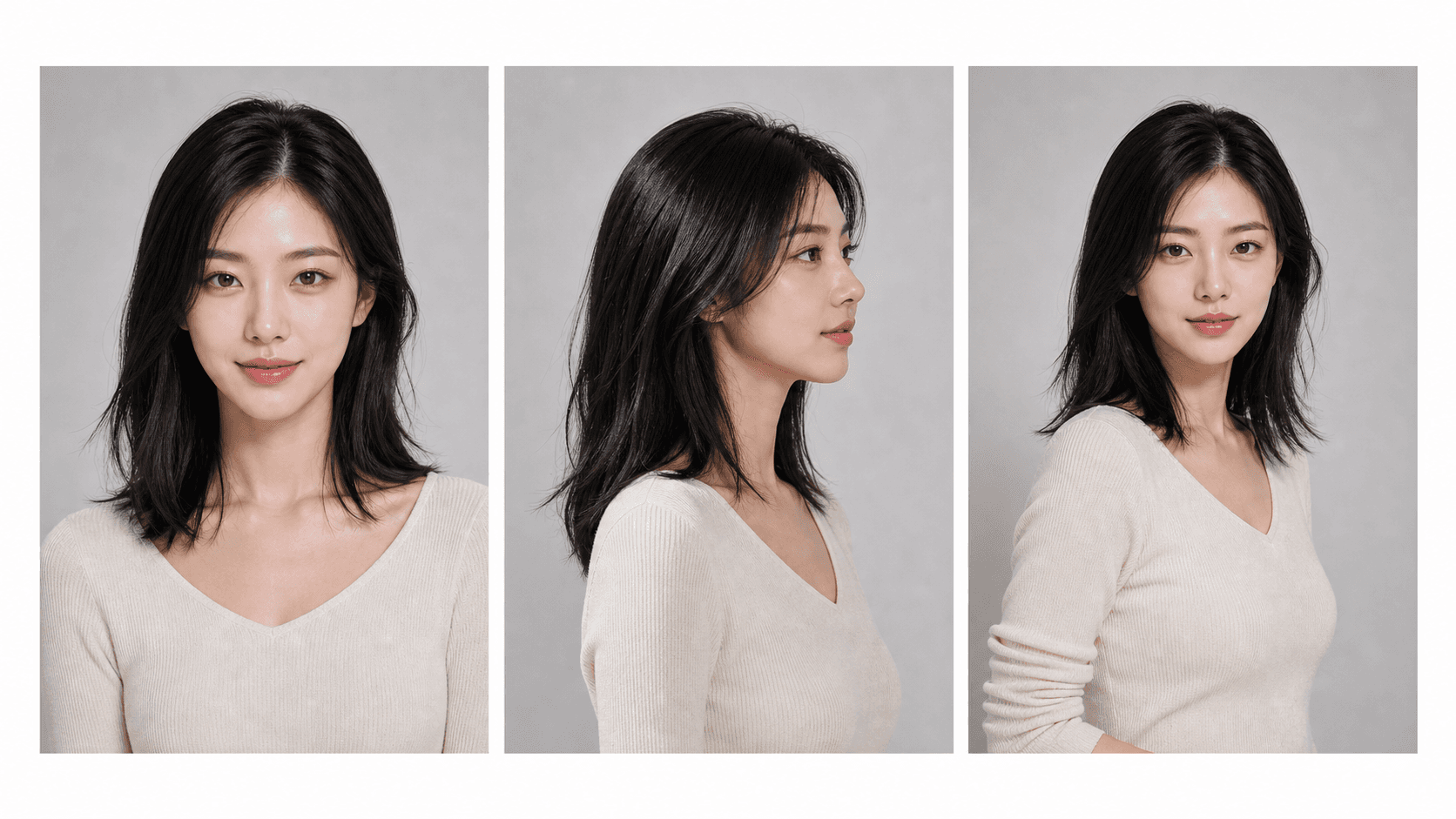 정면과 측면 컷을 묶은 모델 포트폴리오 AI 결과물