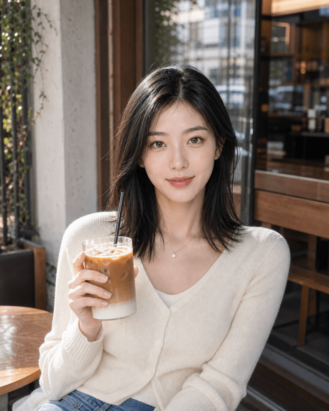 카페 테라스에서 촬영한 듯한 소개팅앱 AI 프로필 결과물