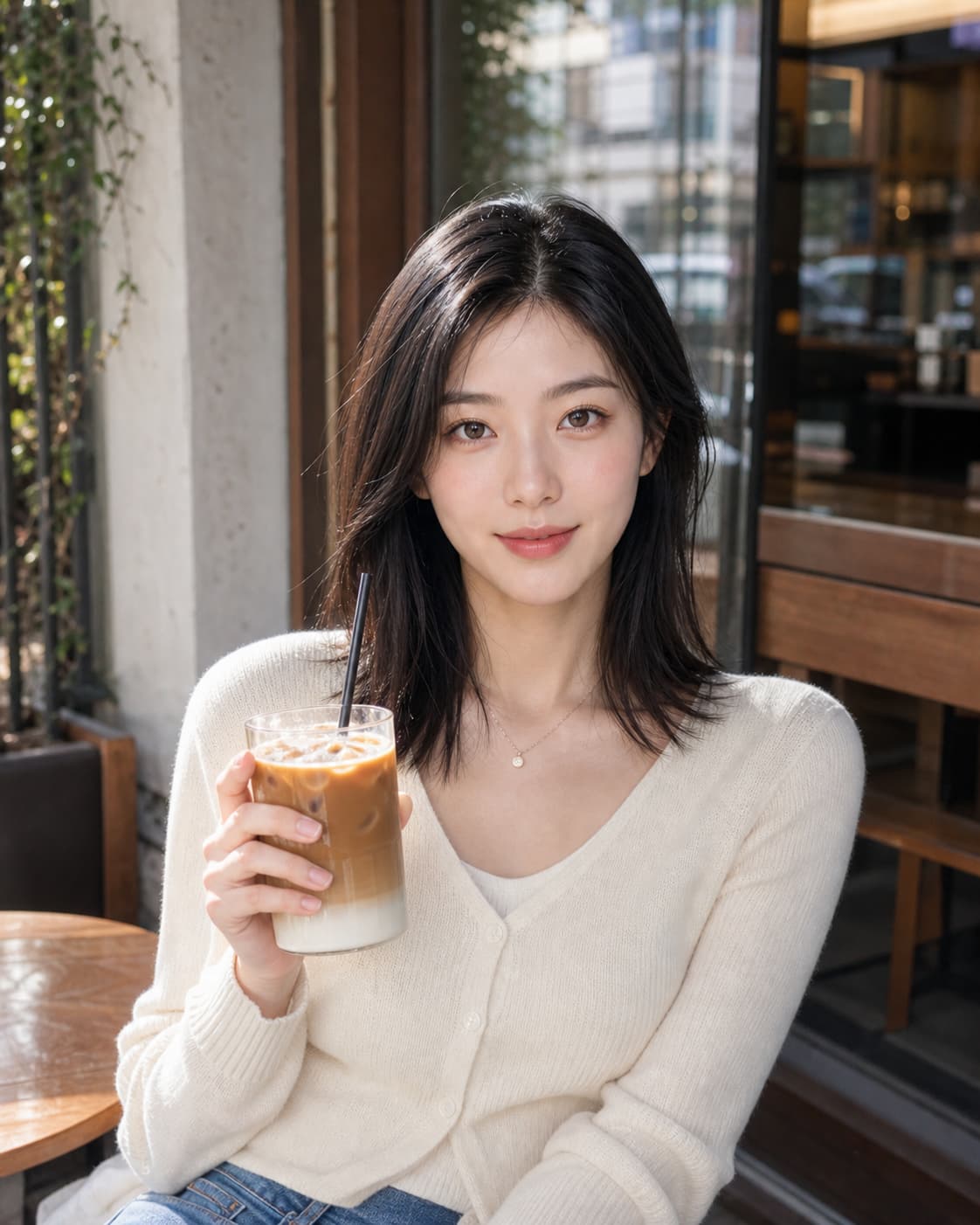 카페 테라스에서 촬영한 듯한 소개팅앱 AI 프로필 결과물