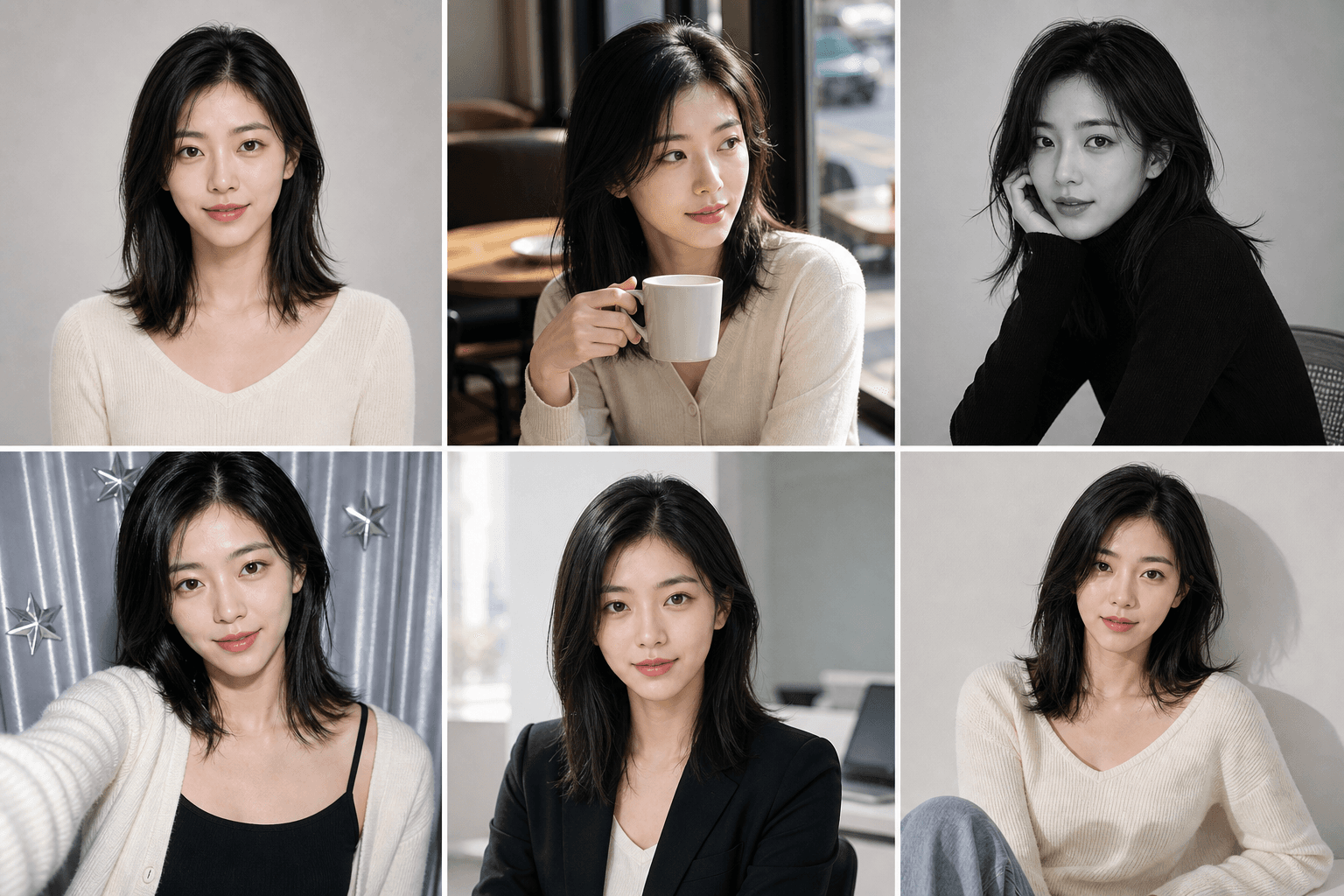 같은 인물의 여러 프로필 후보를 묶은 AI 그리드 결과물