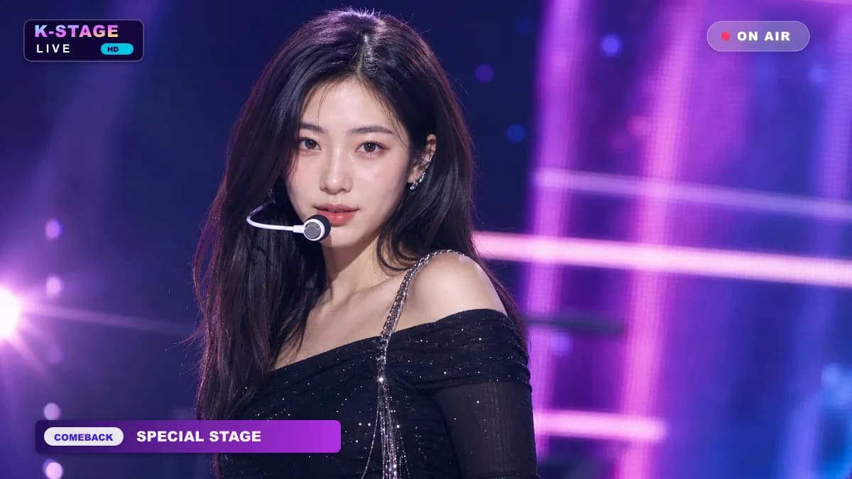 가상 음방 로고와 ON AIR 표시가 들어간 한국 음악방송 무대 클로즈업 AI 결과물